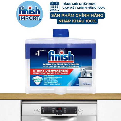 Chai 250ml dung dịch vệ sinh sạch sâu cặn bẩn máy rửa chén Finish (EU) – (Khuyên dùng 3 tháng 1 lần).